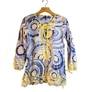 KAS Designs Cotton Mod Floral Embroidered Boho Tunic Top Peasant 70's Size S